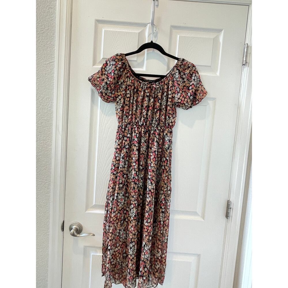 Floral Chiffon Puff Sleeve Black Off the shoulder Midi Dress Sz S #5